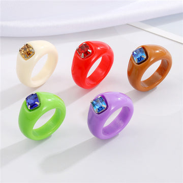 Chunky Resin Statement Rings with Square Crystal Settings in Five Colors