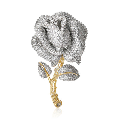 Two-tone pavé crystal rose brooch silver petals gold stem