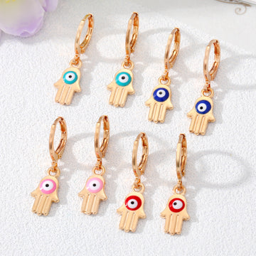 Gold Tone Colorful Enamel Hamsa Evil Eye Huggie Earrings