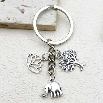 Metal Elephant Lotus Tree Charm Keychain In Silver Or Gold Tone