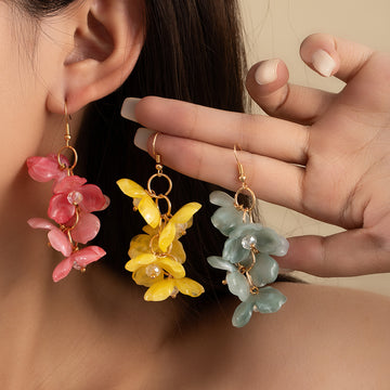 Four Color Translucent Flower Cluster Long Hook Earrings