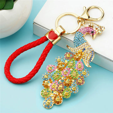 Full Crystal Peacock Braided Wrist Strap Keychains in Four Colors