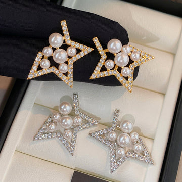 Silver Tone Open Star Stud Earrings with Pearl Look Beads