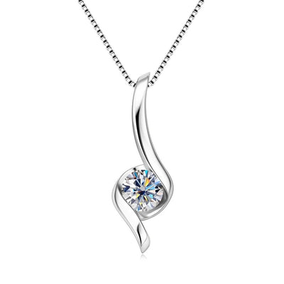 Silver twisted wave pendant with clear CZ on box chain close-up