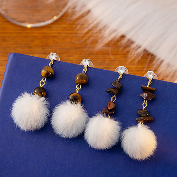 White Fur Pom Drop Earrings Tiger Eye Chips Crystal Posts