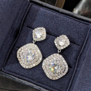 Double Square Halo Crystal Drop Earrings in Silver Tone