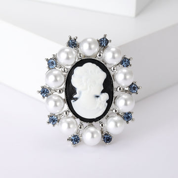 Pearl Cameo Lady Head Brooch Silver Blue Crystal Halo