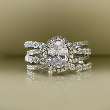 Silver Tone Oval Halo Multi-Band Clear Ring Sizes 6-10