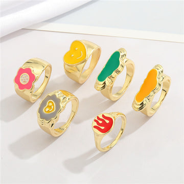 Gold Tone Enamel Signet Rings in Nine Floral Heart and Flame Designs