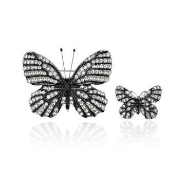 Two Piece Black Crystal Butterfly Brooch Set in Large and Small
