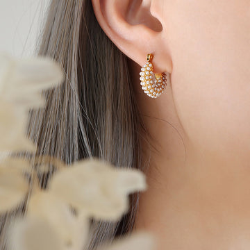 Gold U-Shape Hoop Earrings With Multi-Row Faux Pearls