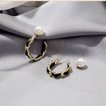 Gold Tone Pearl Stud Chain Hoop Earrings Leather Wrap