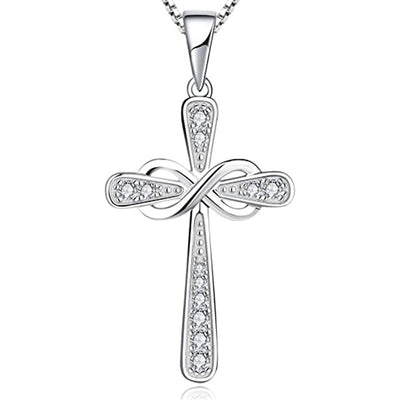 Silver cross infinity crystal pendant close-up on white background