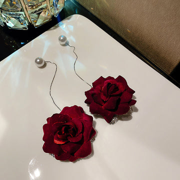 Red Rose Pearl Threader Earrings with Lustrous Bead Details