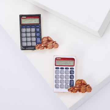 Calculator and Coin Stack Enamel Brooch in Black or White