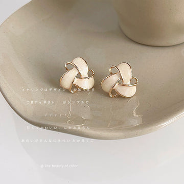 Cream Enamel Geometric Knot Stud Earrings Gold Wire