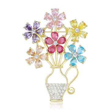 Multicolor Crystal Flower Basket Brooch Silver Or Gold