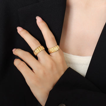 Gold Tone Ribbed Open Band Ring Wide Fluted Cuff Style