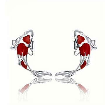 Koi Fish Stud Earrings Red Enamel Gold Silver Tone Clear Eyes