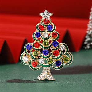 Christmas Tree Brooch with Green Enamel and Multicolor Rhinestones