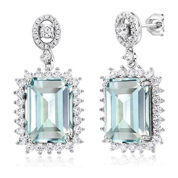Light Blue Emerald Cut Halo Drop Earrings Silver Tone Metal