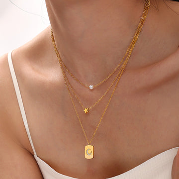 Double Layer Star Pendant Imitation Pearl Necklace Stainless Steel