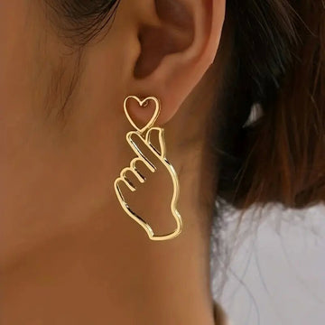 Outline Finger Heart Gesture Stud Earrings Four Metal Finishes