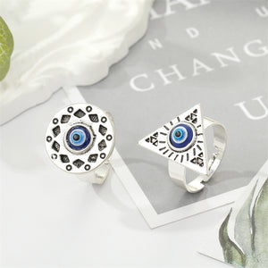 Evil Eye Adjustable Ring with Round or Triangle Face in Antique Silver-Tone Alloy