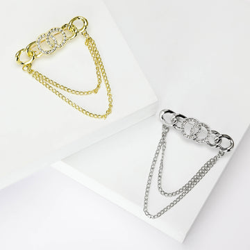 Four Ring Double Chain Brooch in Gold or Silver Tone