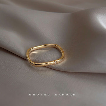Gold-Tone Square Geometric Ring Single Accent Stone