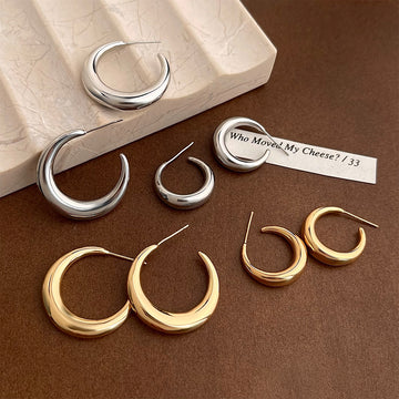 Smooth Thick Crescent Hoop Stud Earrings Gold Silver