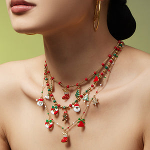 Christmas Charm Necklace Enamel Beads Stocking Tree Santa
