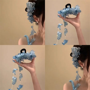 Red Or Blue Fabric Flower Hair Claw With Long Petal Chain Tassels