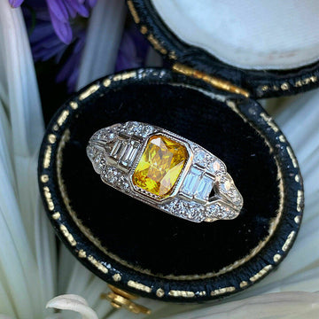 Silver Yellow Cushion Side Baguette CZ Fashion Ring Sizes 6-10