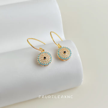 Gold Evil Eye Round Drop Earrings Turquoise Crystal Halo