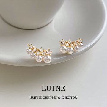 Gold Curved Pearl Clear Crystal Cluster Stud Earrings