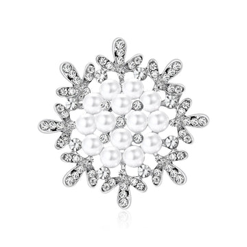 Round Pearl Sunburst Brooch in Rose Gold or Silver Tone