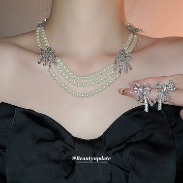 Pearl Bow Necklace Crystal Earrings Mixed 4 Styles