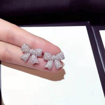 Silver Full Pavé CZ Bow Stud Earrings Pair Clear Stones
