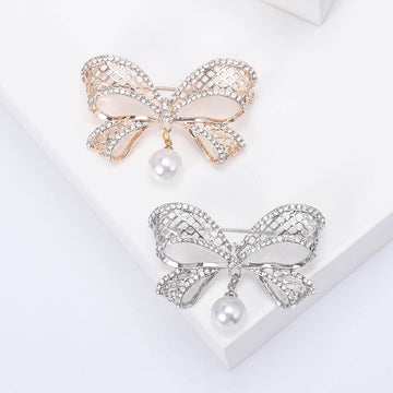 Open Bow Crystal Brooch with Pearl Drop in Two Metal Tones