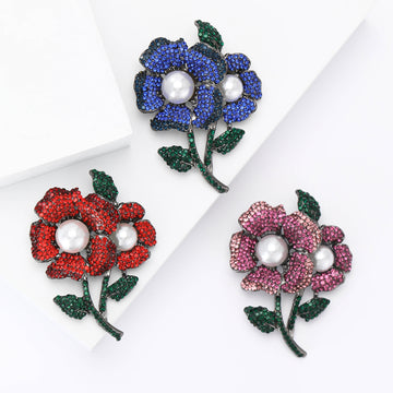 Rhinestone Twin Flower Pearl Green Leaf Brooch Pin
