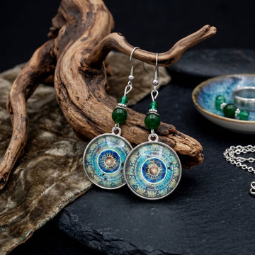 Blue Round Mandala Medallion Green Bead Hook Earrings
