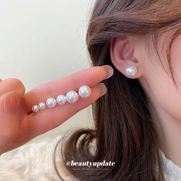 White Pearl Round Classic Stud Earrings in Four Sizes
