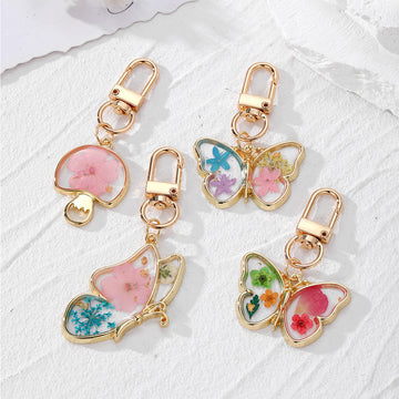 Pressed Flower Resin Butterfly Mushroom Keychains Gold Clasp