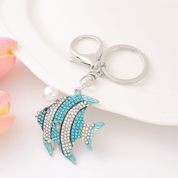 Rhinestone Tropical Fish Keychain Silver Tone Pearl Accent