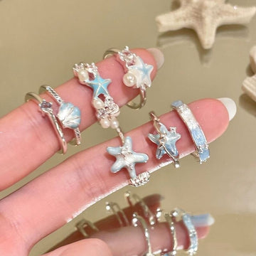 Silver Ocean Starfish Shell Open Rings Blue Crystal Set