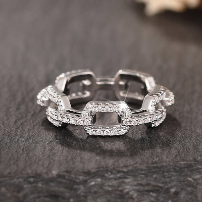Product view showing clear-stone chain-link band ring