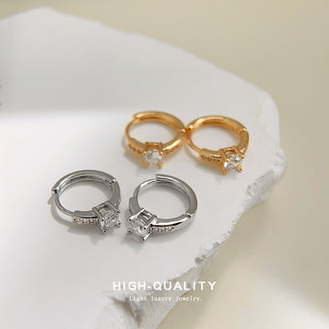 Gold Mini Huggie Hoop Round Crystal Front Stud Pair