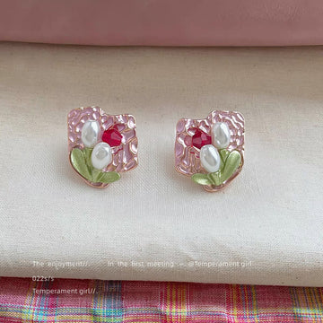 Pink Hammered Stud Earrings Pearl Tulip Red Crystal Pair