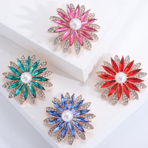 Rose Gold Crystal Sunflower Brooch Pearl Center Four Colors